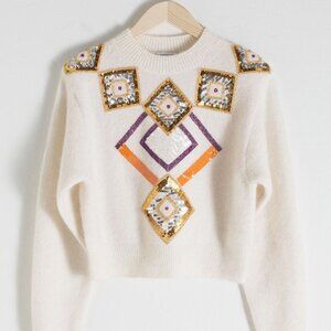 & OTHER STORIES Cream Embellished Sequin Beaded Mohair Wool Sweater